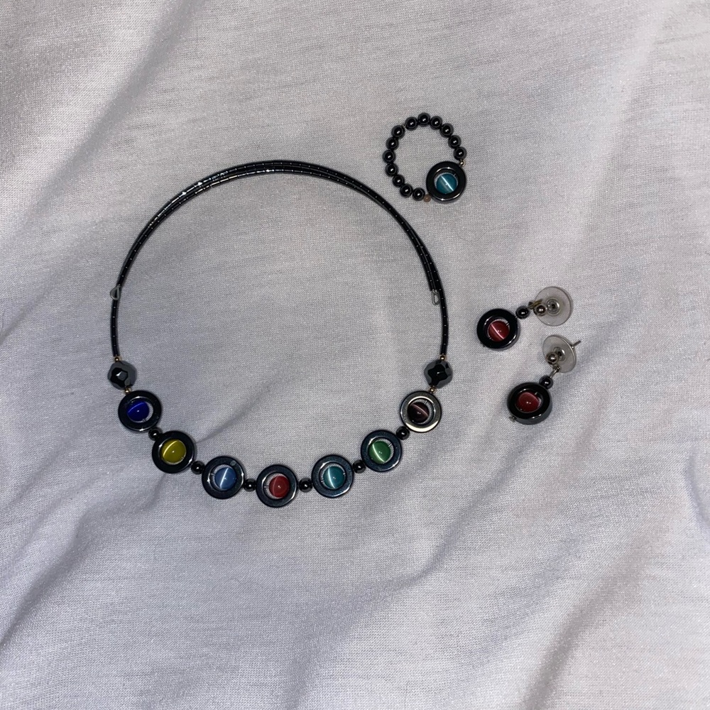 Handmade Beaded Necklace, Ring, Earrings Set